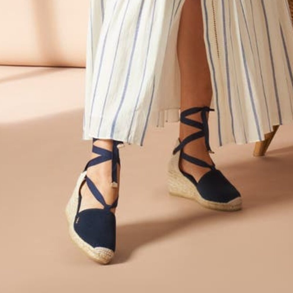 VISCATA Navy Escala Espadrille Canvas Wedges w/Ankle Laces Women's Sz 9 1/2